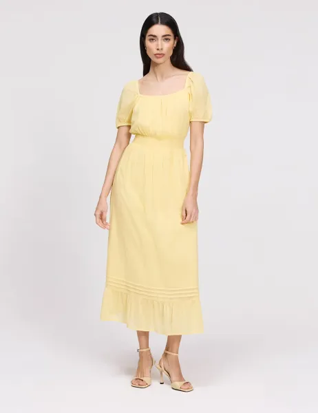 Finery London Pure Cotton Square Neck Midi Smock Dress Yellow