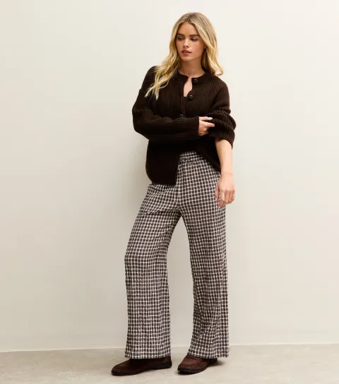 Women's Petite Cream Checked Wide Leg Trouser