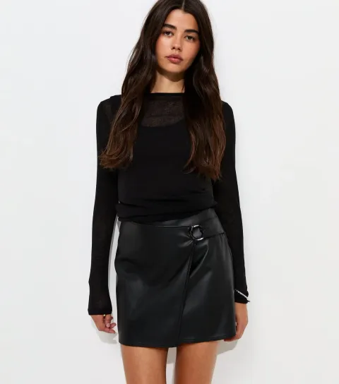 Women's Black Faux Leather Hardware Detail Wrap Skort