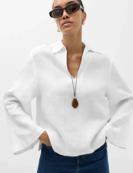 Marks & Spencer Pure Linen Collared V-Neck Top White