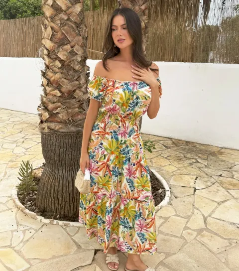 Women's Multicolour Shirred Waist Midi Dress