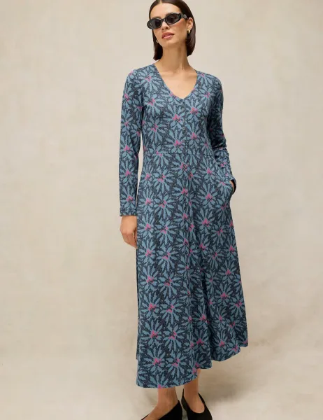 White Stuff Reese Cotton Blend Printed Button Through Midi Dress Blue Mix
