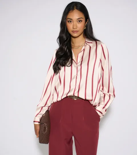 Women's Dark Burgundy Satin Striped Relaxed Shirt