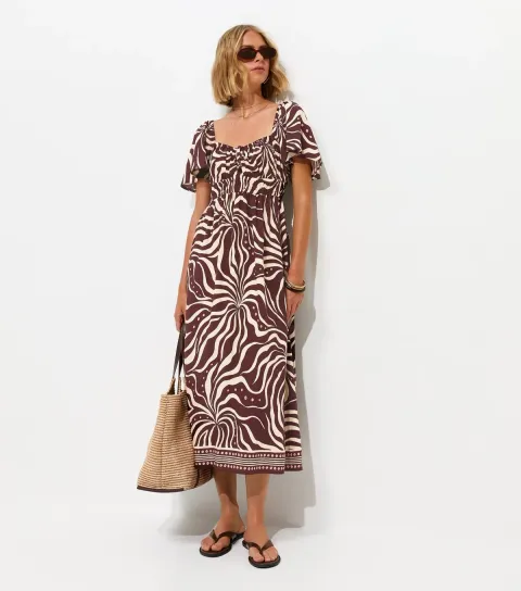 Women's Brown Swirl Print Flutter Sleeve Midi Dress