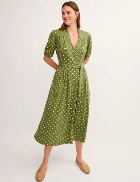 Monsoon Jersey Polka Dot Belted Midi Shirt Dress Green Mix