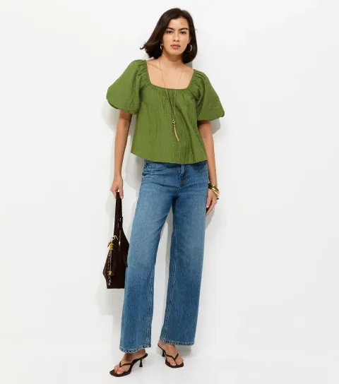 Women's Green Square Neck Puff Sleeve Blouse