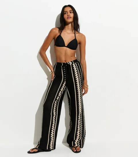 Women's Black With Cotton Wide Leg Crochet Knit Trousers