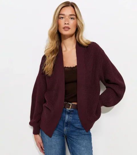 New Look Women's Tall Dark Burgundy Chunky Knit Balloon Sleeve Cardigan
