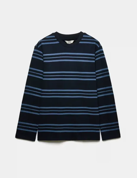 Marks & Spencer Pure Cotton Striped Long Sleeve T-Shirt Navy Mix