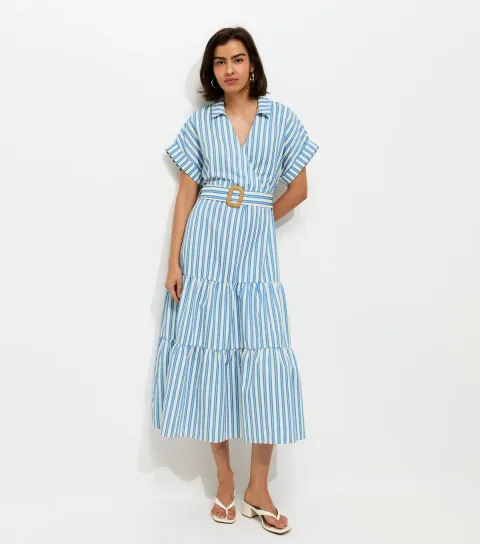 Women's Blue Striped Tiered Wrap Midi Dress