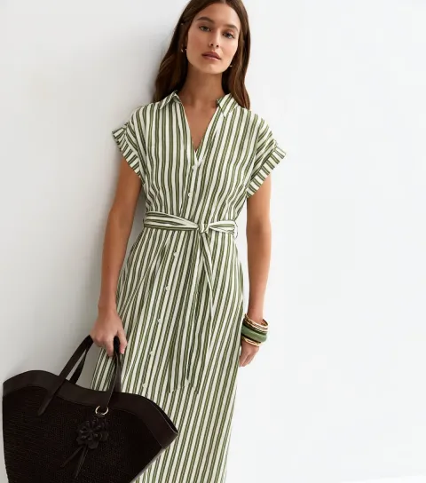 Women's Green Striped Short Sleeve Midi Shirt Dress