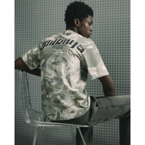 River Island Cotton Japanese Camo Dragon T-Shirt