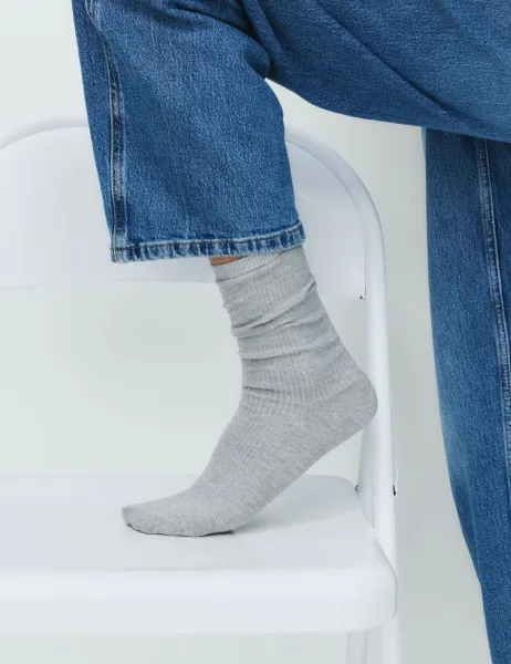 Marks & Spencer Cotton Blend Ribbed Embellished Crew Socks Grey