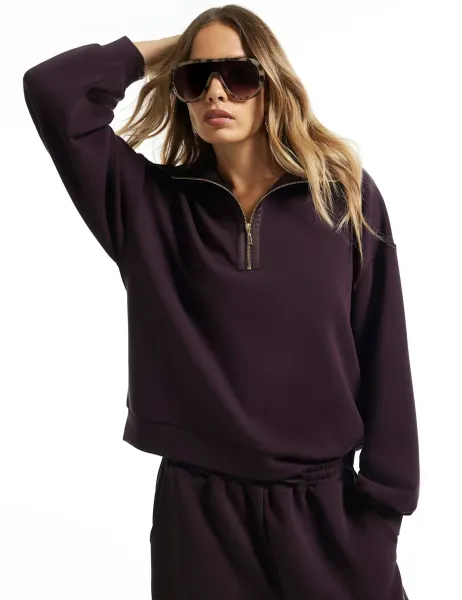 Funnel Neck Zip Up Relaxed Sweatshirt Burgundy