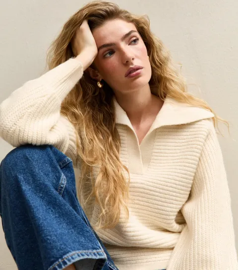 Women's Cream Stitchy Polo Batwing Jumper