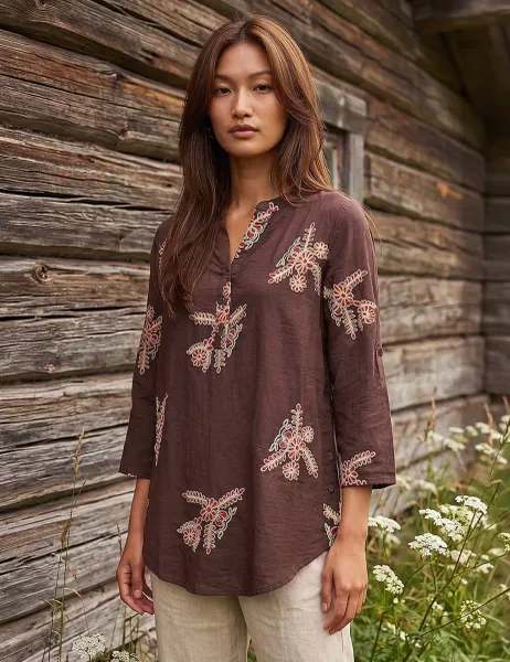 Roman Embroidered Floral V Neck Top Chocolate