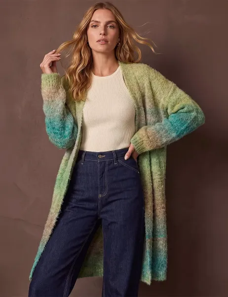 Roman Ombre Longline Cardigan With Wool Green Mix