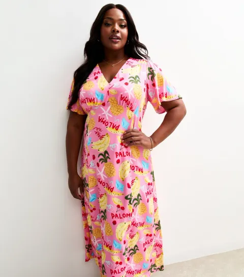 Women's Plus Size Pink Tropical Print Short Sleeve Midi Tea Dress Curves