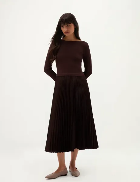 Hobbs Satin Knitted Boat Neck Pleated Midi Skater Dress