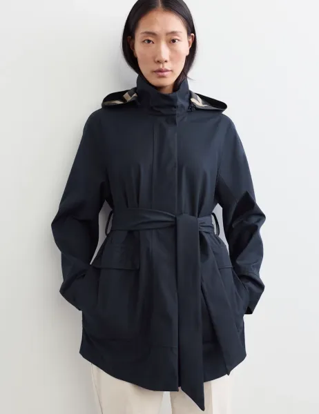 Jaeger Twill Waterproof Belted Hooded Short Raincoat Navy