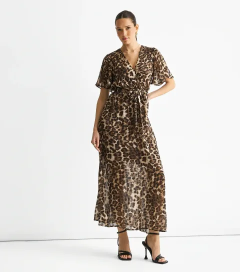 Women's Brown Animal Print Wrap Midi Dress
