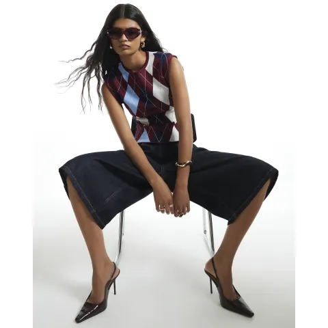River Island Burgundy Argyle Knit Tank Top