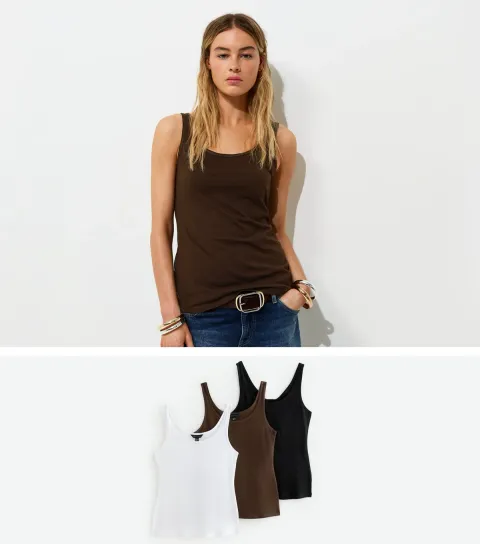 Women's Brown Cotton Pack of Three Jersey Scoop Neck Vest Tops
