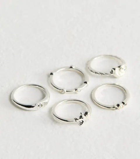 Pack of 5 Silver Tone Faux Pearl and Diamant?� Rings