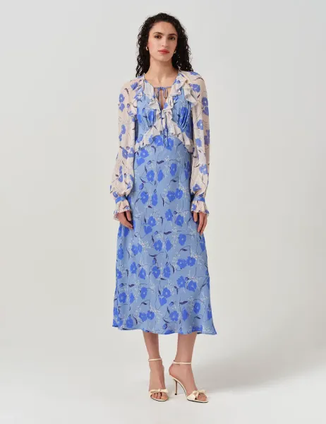 Ghost Floral Frill Detail Midi Tea Dress Blue Mix