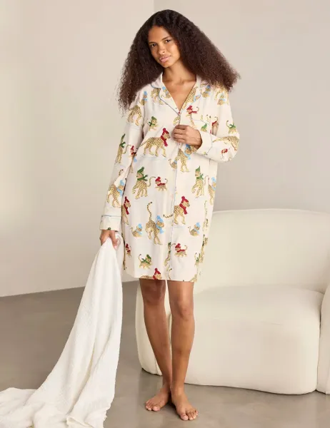 Family Christmas Skating Leopard Print Nightshirt Cream Mix