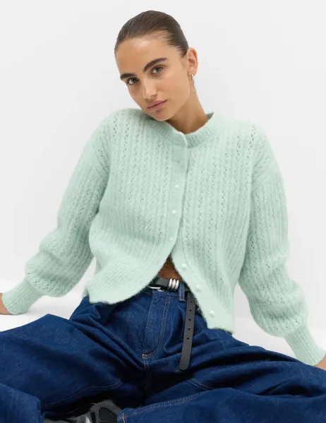 Marks & Spencer Blouson Sleeve Cropped Cardigan with Wool Light Green