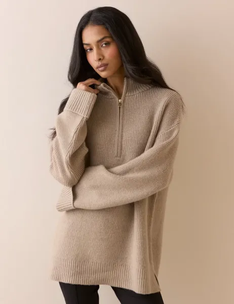 Nobody's Child Chunky Half-Zip Jumper With Alpaca Beige