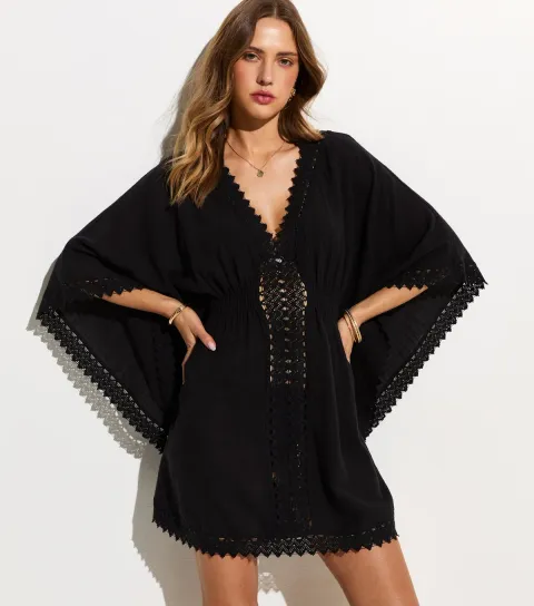 Women's Black Cotton Crochet Trim Beach Kaftan Dress