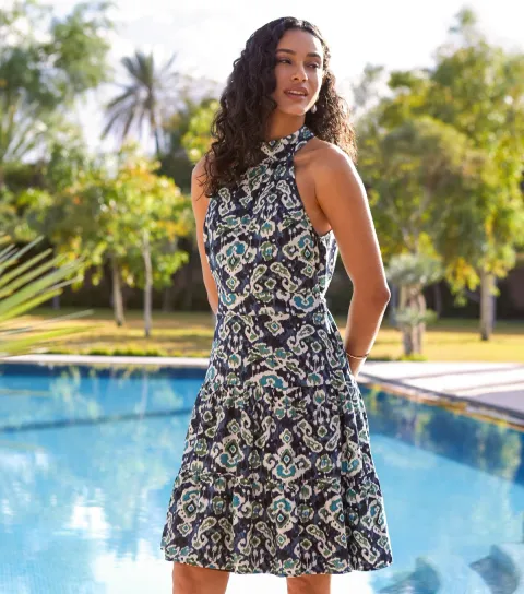 Women's Blue Tier Halter Aztec Dress