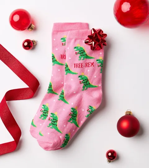 New Look Pink Cotton Rich Christmas Tree-Rex Ankle Socks