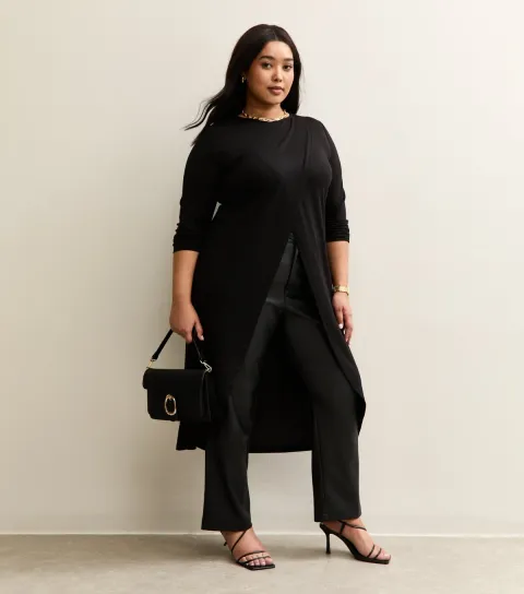 Women's Plus Size Black Soft Touch Longline Wrap Top Curves