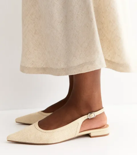 Women's Off White Woven Pointed Slingback Pumps Vegan
