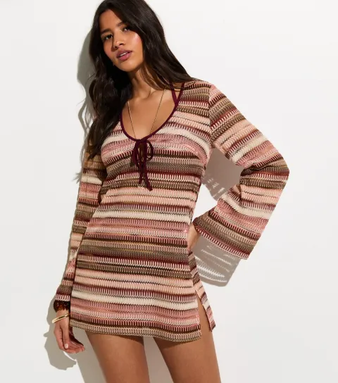 Women's Pink Stripes Crochet Kaftan Beach Mini Dress