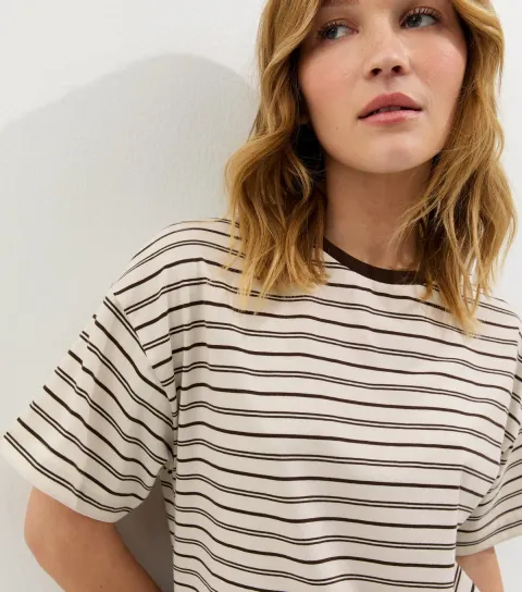 Women's Cream Striped Boxy Crew Neck T-Shirt