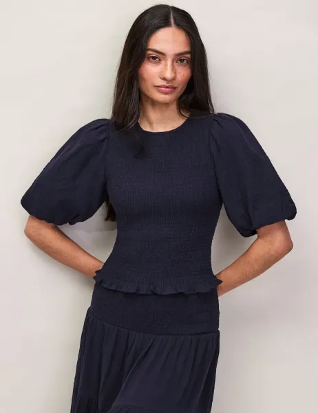 RO&ZO Pure Cotton Cheesecloth Shirred Top Navy