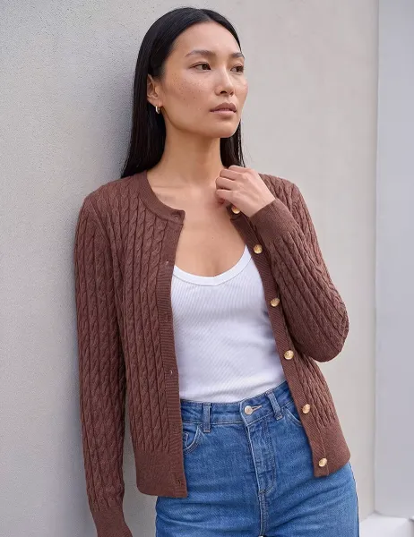 Roman Cable Knit Button Front Cardigan Chocolate