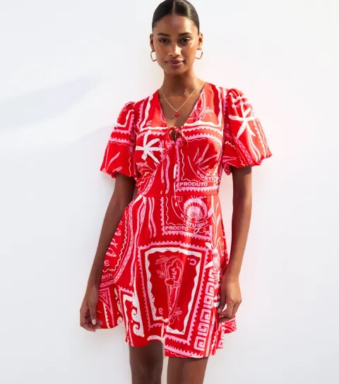 Women's Pink Sea Print Tie Neck Mini Dress