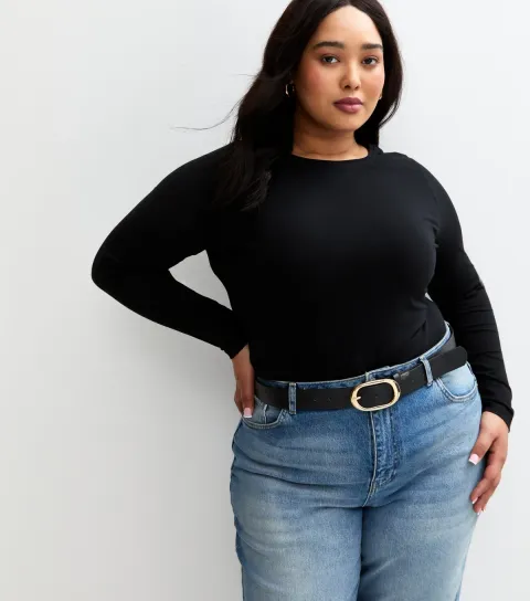 New Look Women's Plus Size Black Long Sleeve Crew Neck Jersey Top Curves