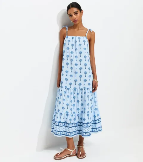 Women's Blue Palm Print Tiered Midi Dress