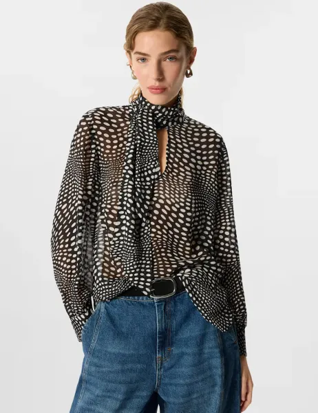 Whistles Spot Print Scarf Neck Blouse Black Mix