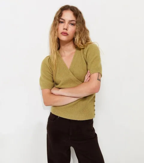 Women's Green Wrap Front Puff Sleeve Knitted Top