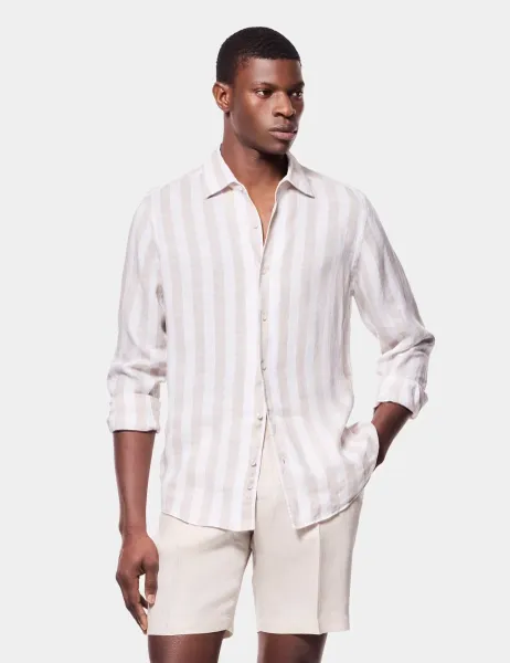 Hawes & Curtis Regular Fit Pure Linen Large Stripe Shirt Natural Mix