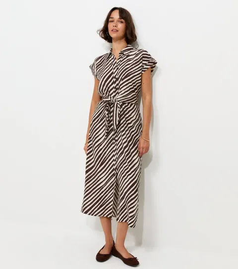 Women's Brown Striped Tie Short Sleeve Midi Shirt Dress