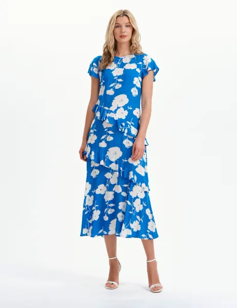 Finery London Floral Round Neck Ruffle Midi Waisted Dress Blue Mix