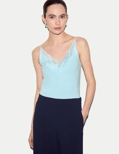 Jigsaw Modal Rich V-Neck Lace Trim Cami Top Light Blue